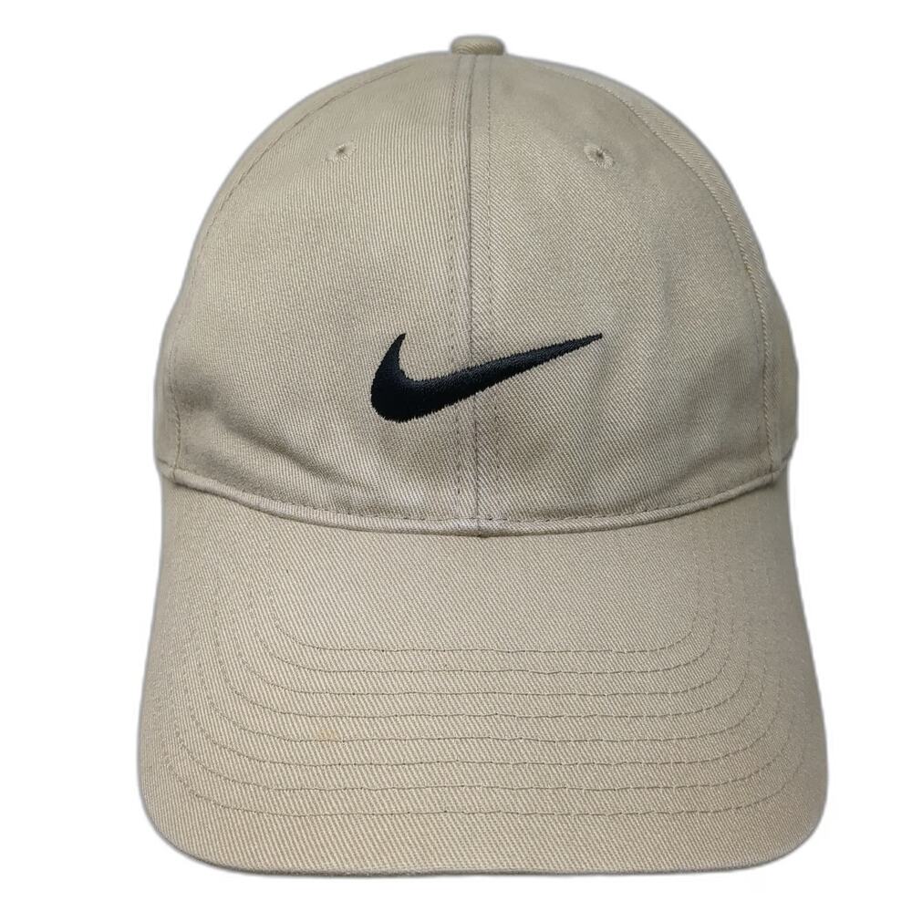 Nike Baseball Cap Beige Black Strapback Embroidered Swoosh Hat Vintage Grey Tag